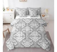 jejeloiu Damask Pattern Comforter Set with Sheets Queen Size 7 Pieces Vintage Floral Flower Grey Bedding Set for Adults Teens Gothic Bone Skeleton Antique Victorian Baroque Bed in a Bag Room Decor