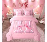jejeloiu Dreamy Bow Bed Set, Full Size, Decor Girly Romantic Ultra Soft Initial Letter H 7 Pieces Beeding Set, Personalized Teen Girl Gifts Bed in a Bag with Comforter, Sheets, Pillowcases Kawaii Pink