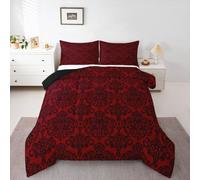 jejeloiu Gothic Damask Kids Comforter Set Queen Size Vintage Jacquard Bedding Set Red Exotic Floral Duvet Quilt for Kids Boys Girls Bedroom Antique Classic Decor Microfiber Ultra Soft Breathable