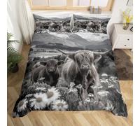 jejeloiu Highland Cattle Bedding Set Highland Cow Duvet Cover Queen Size for Kids Boys Girls Teens Grey Animal Farmhouse Comforter Cover Set Western Decor Wildlife Bedspread Cover with 2 Pillow Case