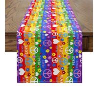 jejeloiu Hippie Peace Art Home Kitchen Dining Decor Rainbow Table Runner Cartoon Retro Hippie Flower Love and Peace Sign Artwork Decorations Party Supply 72x13 Inch Colorful Home Decor for Living Room