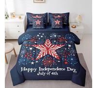 jejeloiu Independence Day Comforter Set Queen Size USA Federations Stars Fireworks 7 Pcs Bedding for Kids and Adults Fourth of July 4 Bed Sheet Sets with Fitted Sheet Pillowcases Bedroom Bed Decor