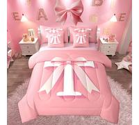 jejeloiu Kawaii Pink Bow Bed Set, Queen Size, Decor Teen Girl Gifts Personalized Initial T 7 Pieces Beeding Set, Ultra Soft Monogrammed Bed in a Bag with Comforter, Sheets, Pillowcases Modern Fashion