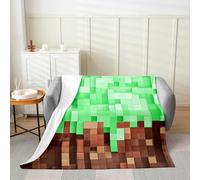 jejeloiu Queen 90"x90" Pixel Fleece Throw Blanket for Kids Boys Girls Gaming Flannel Blanket Plush Fuzzy Green and Brown for Bed Couch Chair Living Room，Microfiber