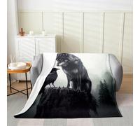 jejeloiu Raven Wolf Fleece Throw Blanket Queen 90"x90" Kids Black Crow Flannel Blanket Plush Fuzzy Hallowen Wildlife for Bed Couch Chair Living Room Microfiber Lightweight