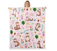 jejeloiu Sea Otters Fleece Throw Blanket Baby 30"x40" Kids Teens Girls Woman Flower Leaves Plant Print Sherpa Blanket Plush Fuzzy Soft Cute Cartoon Pink Otter for Bed Couch Living Room Lovely Sealife
