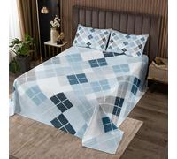 jejeloiu Traditional Argyle Pattern Bedspread 3 Pieces King Size Plaid Coverlet Set Soft Cozy Blue Checkered Striped Classical Lightweight Quilted Coverlet for All Season with 2 Pillowcases