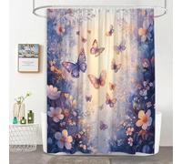 JEJOMEAG Purple Fantasy Butterfly Flowers Shower Curtain Wonderland Floral Garden Fairyland Fairy Tale Forest Enchanted Fabric Bathroom Decor Curtain with Hooks, 70Wx70H