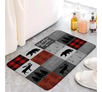 JEJOMEAG Retro Rustic Cabin Bath Mat Red Black Buffalo Check Bear Moose Deer Elk Forest Hunting Memory Foam Soft Doormat Kitchen Bathroom Mat/Rugs, 16x24 Inch