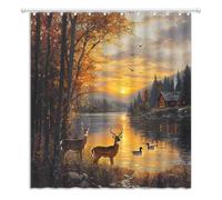 JEJOMEAG Rustic Cabin Deer Shower Curtain Country Lodge Lake Moose Duck RV Farmhouse Sunset Scenery Fabric Bathroom Decor Curtain with Hooks, 70Wx70H