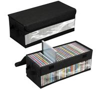 JEJUWE 2 Pack CD Storage Boxes with Lids and Window - Foldable DVD Disc Organiser Case, Dust Proof, Handles, Holds 30 Jewel Cases 60 Slim Cases 165 Discs - Black Nonwoven Fabric