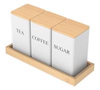JEJUWE 3 Pcs Metal Tea Coffee Sugar Canisters with Bamboo Lid, Tray and Name Marker 1000 ML Tea Coffee Sugar Storage Canister Set Space Saving Airtight Kitchen Storage Tin for Kitchen Counter (White)