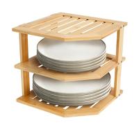 JEJUWE 3Tier Cabinet Organizer Shelf for Kitchen Storage Sturdy Plate Organizer Bamboo Corner Shelf Dish Rack for Cabinet Countertop Space Saver
