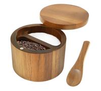 JEJUWE Acacia 2 Compartment Wooden Salt Box with Built-in Spoon Salt Cellar for Kitchen Spice Storage Box with Magnetic Swivel Lid to Keep Dry and Clean for Herb Sugar Pepper Round (2 Compartment)