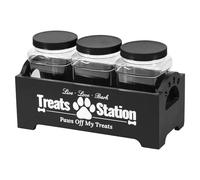 JEJUWE Dog Treat Container Wooden Dog Food Storage Container with 3 Plastic Jars Air Tight Reusable Cute Pet Biscuit Container for Dog and Cat (Black)