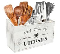 JEJUWE Kitchen Utensil Holder Wooden Cooking Utensil Organizer with 3 Compartment and Drainage Bottom to keep dry Cutlery Holder for Forks Spoons Cutters Countertop Farmhouse(white)