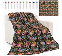 JEJUWE Reusable Coloring Blanket with 24 Watercolor Pens Washable Fabric Coloring Blanket Large Art Mat for Kid Adult Present(Flower)