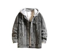JEKE-DG Hoodie Jean Jacket For Men Long Sleeve Distressed Trucker Outwear Casual Slim Fit Denim Jacket With Hood, Grey2, M