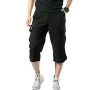 JEKE-DG Men's 3/4 Capri Shorts Below Knee Casual Pants Workout Multi-Pocket Long Shorts, Black, X-Large