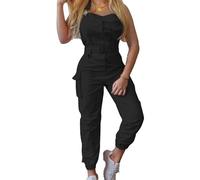 JEKE-DG Women's Belted Sleeveless Bib Pants Fashion Adjustable Straps Casual Jumpsuit Beam Foot Pockets Cargo Overalls, Black, Medium