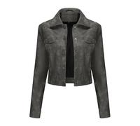 JEKE-DG Women's Fashion Moto Biker Short Coat Lapel Button Down Casual Coat Jacket Slim Fit Solid Faux Leather Coats, Dark Grey, Small
