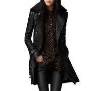 JEKE-DG Women's Faux Leather Slim Fit Winter Coat Mid-Length Belted Casual Coat Jacket Button Down Lapel Biker Coats, Black, Small