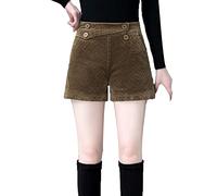 JEKE-DG Women's Roll Hem Corduroy Shorts Casual Elastic Waist Straight Leg Shorts Button High Waist Wide Leg with Pocket, Brown, 29