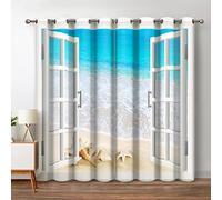 Jekeno Ocean Beach Blackout Curtains Tropical Scene Sea Waves Shell Starfish Conch View Through White Wooden Window Bedroom Living Room Decor Darkening Grommet Window Drapes 2 Panel Set, 42"x63"