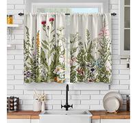 Jekeno Plant Floral Kitchen Curtains Sets for Windows Wildflower Cafe Spring Summer Short Drapes Rustic Botanical Vintage Farmhouse Country Green Leaves Decor Rod Pocket Tiers Window Treatment