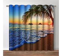 Jekeno Tropical Beachy Blackout Curtains Ocean Sunset Seaside Palm Tree Dusk Nature Scenery Print Drapes Decor Home Bedroom Living Room Darkening Grommet Window Treatments 2 Panel Set,52x84 Inch