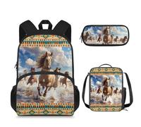 Jekioweii Backpack 3 Piece Set for Girls Boys Middle School Elementary Kids Casual School Bag with Lunch Bag Pencil Case, Horse Tribal Geometry Print