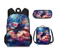 Jekioweii Eagle American Flag Girls Boys Backpack Lightweight Kids School Bag Insulated Lunch Box and Pencil Case Set of 3 Middle Elementary Student Child Bookbag for Back to School Season