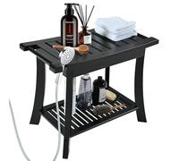Jekruiet Black Bamboo Shower Bench for Inside Shower with Storage Shelf, Bathroom Shower Stool for Adults Shaving Legs, Spa Bathroom Bench Stool for Seniors Adults Elderly Indoor Outdoor Use