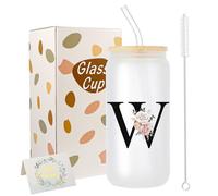 JEKUGOT A-Z Initial Personalised Birthday Gifts for Women, 16oz Iced Coffee Glass Cups with Lids and Straws, Glass Coffee Cup Gift Set for Mothers, Friends, Women, Men, Iced Coffees Cup Gift (W)