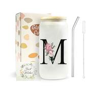 JEKUGOT A-Z Initial Personalised Birthday Gifts for Women, 16oz Iced Coffee Glass Cups with Lids and Straws, Glass Coffee Cup Gift Set for Mothers, Friends, Women, Men, Iced Coffees Cup Gift (M)