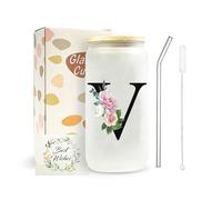 JEKUGOT A-Z Initial Personalised Birthday Gifts for Women, 16oz Iced Coffee Glass Cups with Lids and Straws, Glass Coffee Cup Gift Set for Mothers, Friends, Women, Men, Iced Coffees Cup Gift (V)