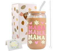 JEKUGOT Birthday Gifts for Mum from Daughter Son, Presents for Mum, 16oz Iced Coffee Cup, Personalised Glass Cups with Lids and Straws, Cute Mama Cup for Mother's Day Gifts