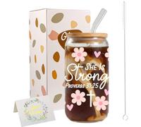 JEKUGOT Iced Coffee Glass Cup, 16 Oz Cute Coffee Cup with Lids and Straws, She is Strong Christian Glass Cups for Women and Men, Friends, Holiday Gifts, Christian Themes