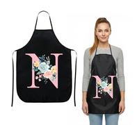 JEKUGOT Kitchen Apron for Women Waterproof Cooking Apron with Floral Letter Design, Adjustable Waist Tie BBQ Baking Gardening Birthday Gifts for Women (Black N)