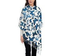 JEKYDOSD Blue Butterflies Print Tassel Scarf For Women Pashmina Soft Cashmere Scarf, Black, One Size