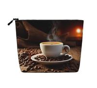JEKYDOSD Coffee Cup And Coffee Beans Print Fake Hemp Makeup Bag Waterproof Imitation Hemp Bag For Daily Life, Travel, And More