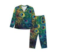 JEKYDOSD Colored Peacock Print Women'S Long-Sleeved Pajama Set, Black, L