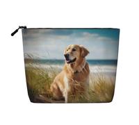 JEKYDOSD Golden Retriever On The Beach Print Fake Hemp Makeup Bag Waterproof Imitation Hemp Bag For Daily Life, Travel, And More