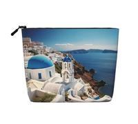 JEKYDOSD Santorini Greek Island Sea View Print Fake Hemp Makeup Bag Waterproof Imitation Hemp Bag For Daily Life, Travel, And More