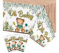 JelaDynore Sage Green Bear Tablecloth - 3 Pack Disposable Plastic Rectangle Table Covers with Eucalyptus Leaves for Baby Shower Gender Reveal Woodland Animal Themed Birthday Party Decor, 54x108 Inch
