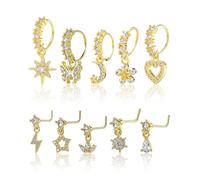 JELIEE 10 PCS Dangle Nose Ring Hoop Gold L Shaped Rings Studs for Women Dangling Nose Piercing Jewelry Set Heart Star Butterfly Moon Shape Cute Nose Rings Hoops Charm Cartilage Earring for Women