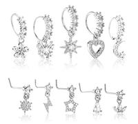 JELIEE 10 PCS Dangle Nose Rings Hoop 20g Silver L Shaped Rings Studs for Women Dangling Nose Piercing Jewelry Set Cute Piercings Ring Indian Piercing Jewelry Heart Star Butterfly Moon Shape Ring