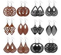 JELIEE 12 Pairs African Wooden Dangle Earrings Round Wood Painted Earring Geometric Pendant Wooden Earrings Lightweight Drop Earrings for Women, Wood, wood