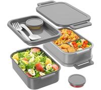 Jelife Adult Bento Box Lunch Box - 3 Layers Stackable Bento Lunch Box for Adults, 72oz Large-Style All-in-One Bento Boxes Leak-Proof Lunchbox with Utensil Sauce Containers for Dining Out,Work, Grey