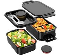 Jelife Adult Bento Box Lunch Box - Large Style Stackable Bento Lunch Box for Adults, 72oz All-in-One 3 Layers Bento Boxes Leak-Proof Lunchbox with Utensil Sauce Containers for Dining Out,Work, Black